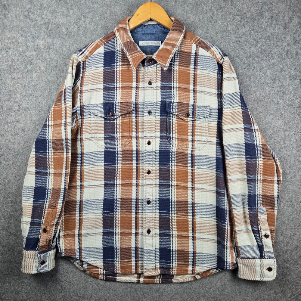 Outerknown Blanket Shirt Mens Large Brown Plaid Organic Cotton Heavy Flannel